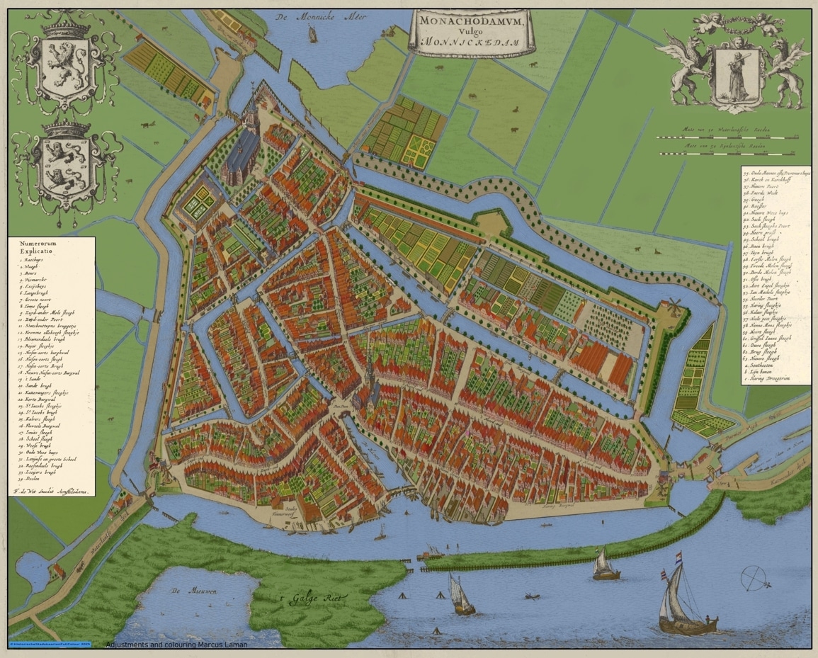 Monnikkendam 1698 Atlas De Witt gekleurd PERSEXEMPLAAR 040625